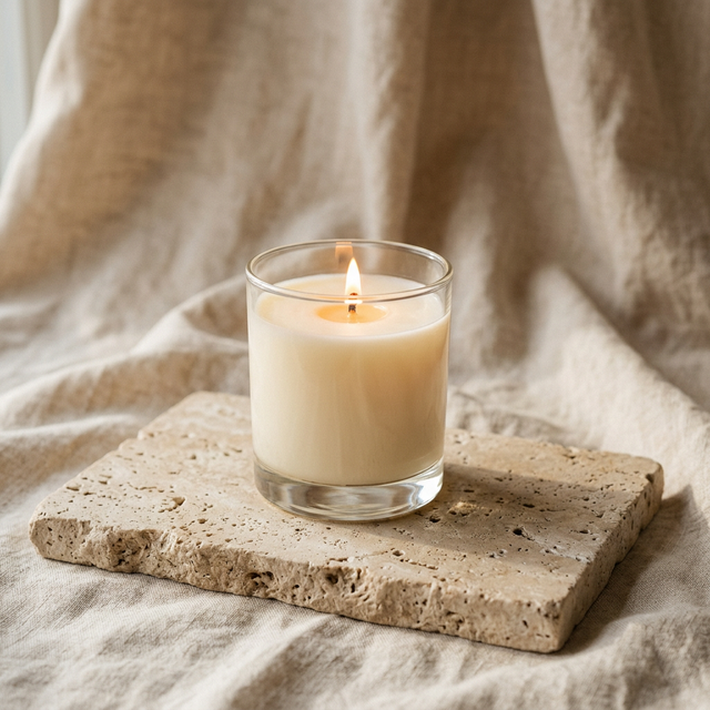 Vela AYRAH clásica en vaso de vidrio sobre piedra natural con luz cálida