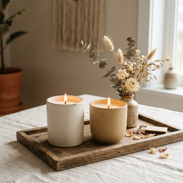 Set de dos velas AYRAH en recipientes de cerámica sobre bandeja de madera con flores secas