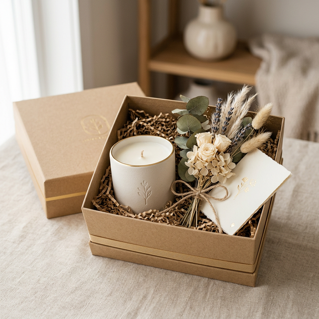 Kit de regalo AYRAH premium con vela, flores secas y tarjeta en caja kraft con detalles dorados